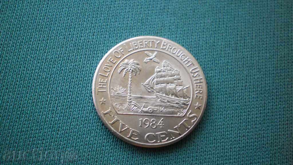 Аукцион КОРАБИ   5   CENT   1984  LIBERIA  UNC