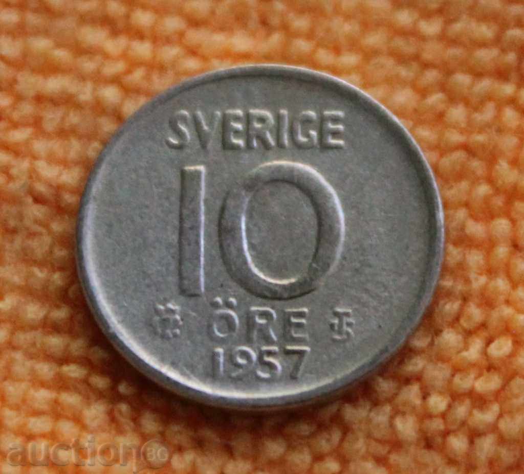 1957 G.- 10 öre, Suedia, argint, aUNC