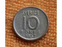1957 G.- 10 öre, Suedia, argint, aUNC