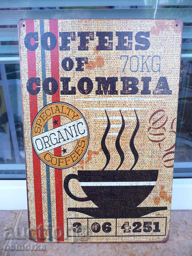 Metal plate coffee beans from Colombia special burlap cups