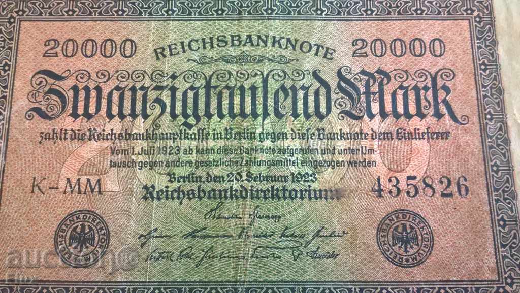 Reich banknote - Germany - 20 000 marks | 1923 with price 10.00 BGN | € 5.11 Reich banknote - Germany - 20 000 marks | 1923 with price 10.00 BGN | € 5.11
