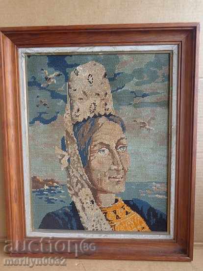 Old tapestry frame portrait picture embroidery panel