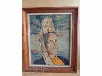 Vechi tapiserie portret broderie încadrată pictură murală