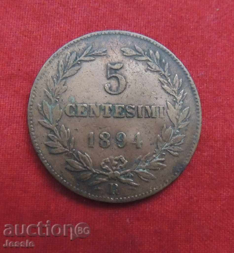 5 Centesimi 1894 R Republica San Marino- RARE-