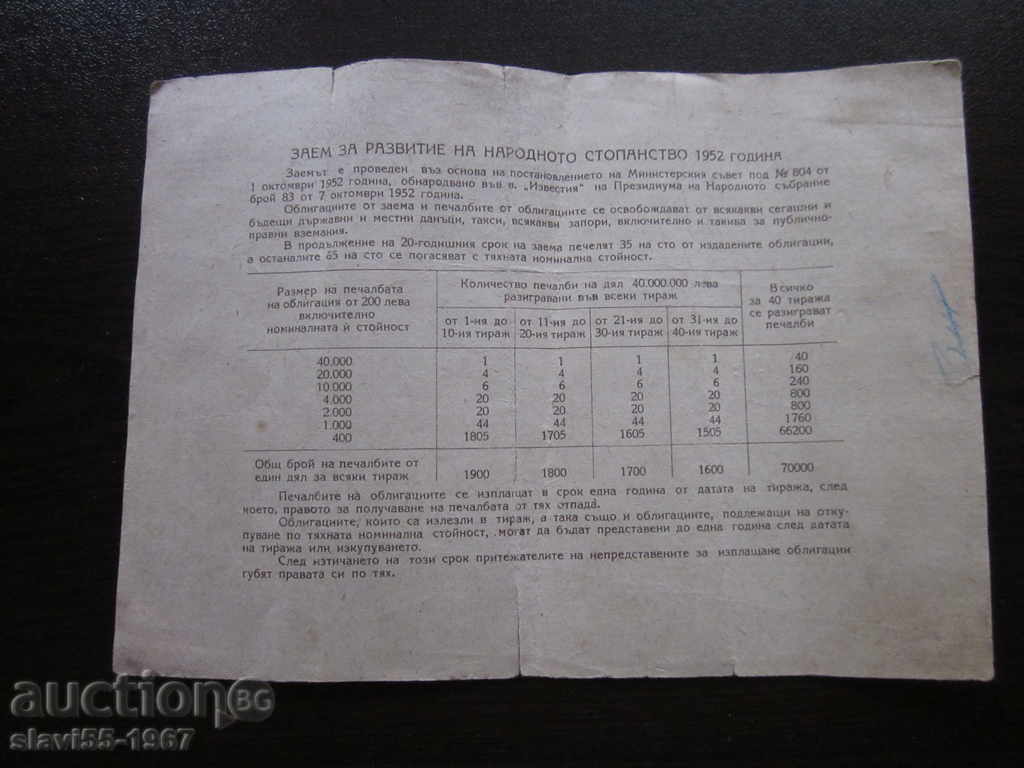 ΔΕΛΤΙΟ ΓΙΑ 20 BGN ΑΠΟ 1952 !!! με τιμή 2.00 BGN | € 1.02