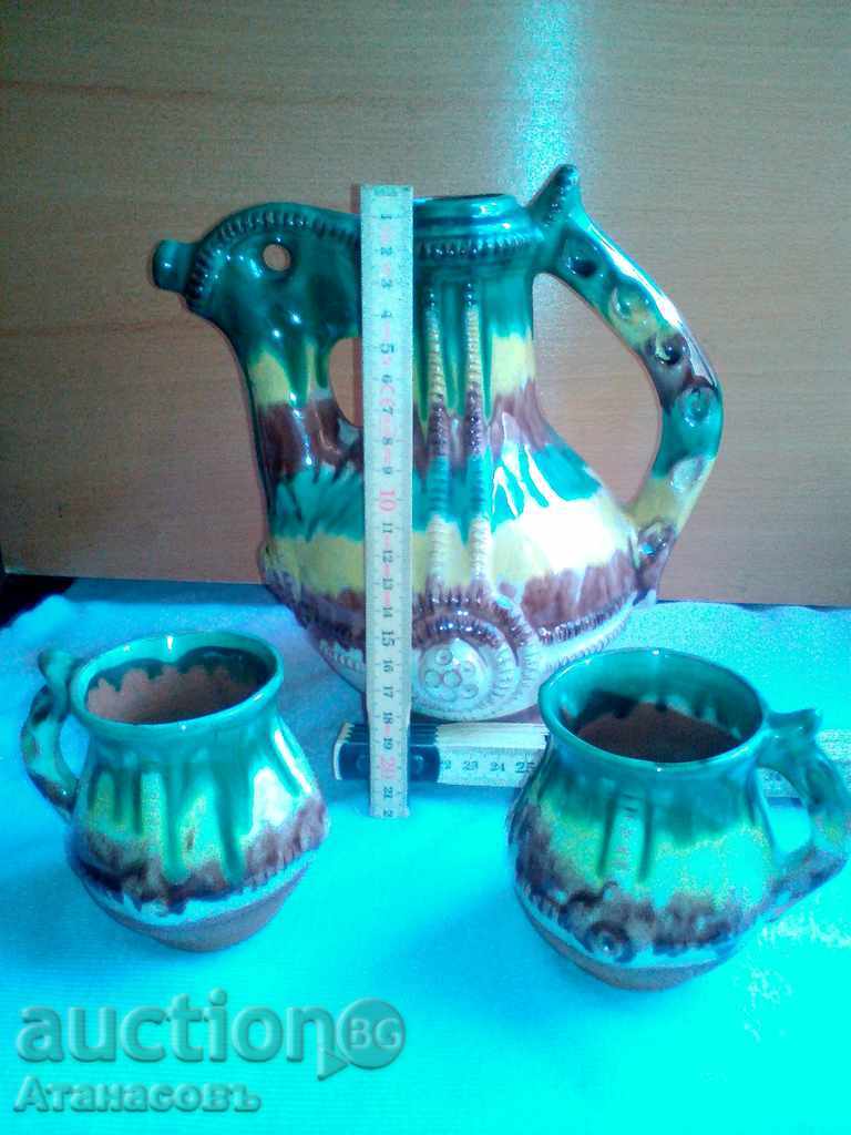 Auction Beautiful pitcher with two cups and markings Auction Beautiful pitcher with two cups and markings