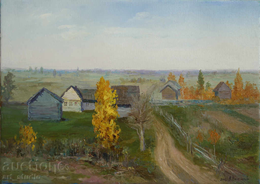 Houses and fields - landscape - oil paints