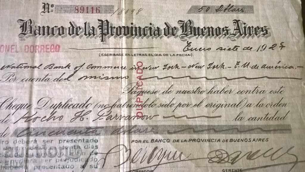 Auction Bank Check - Argentina | 1927 Auction Bank Check - Argentina | 1927