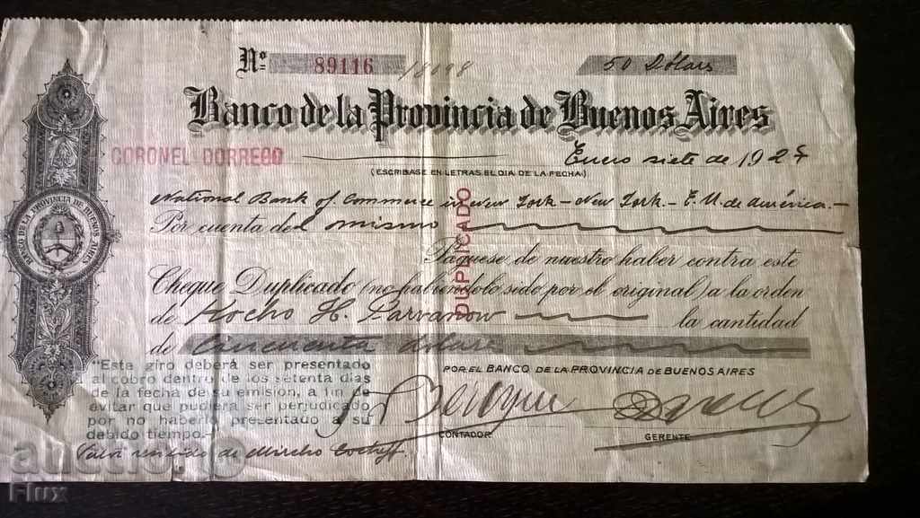 Банков чек - Аржентина | 1927г.