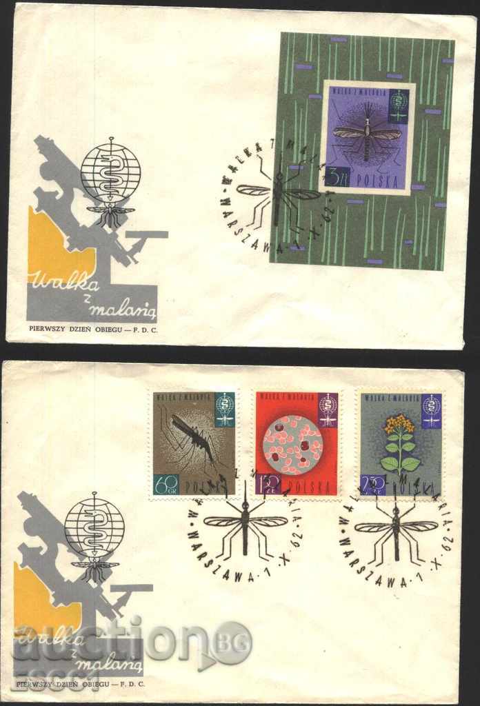 Folding envelopes (FDC) Malaria 1962 from Poland