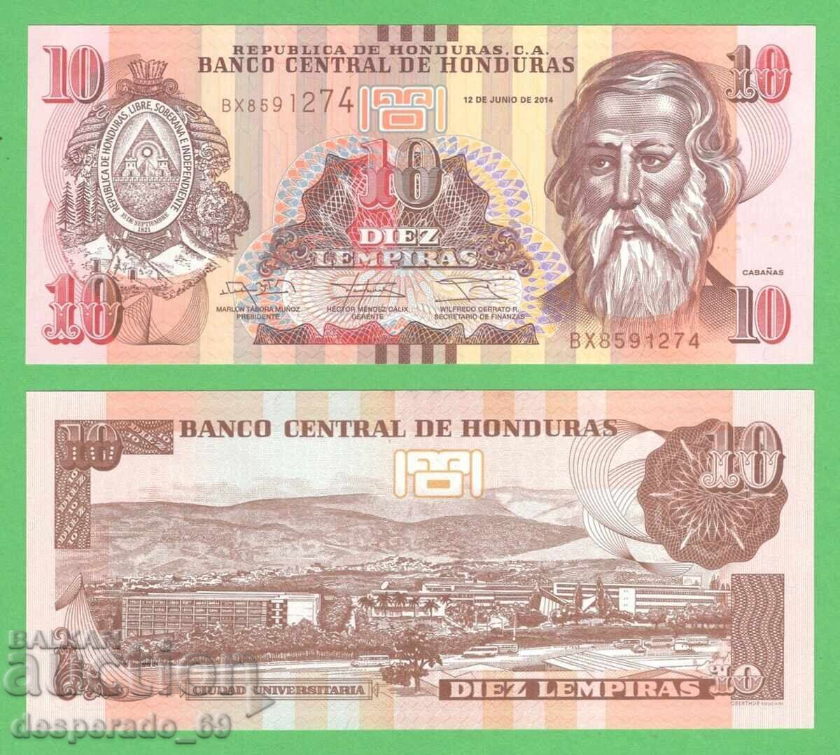 (¯`'•.¸ HONDURAS 10 lempira 2014 UNC ¸.•'´¯)