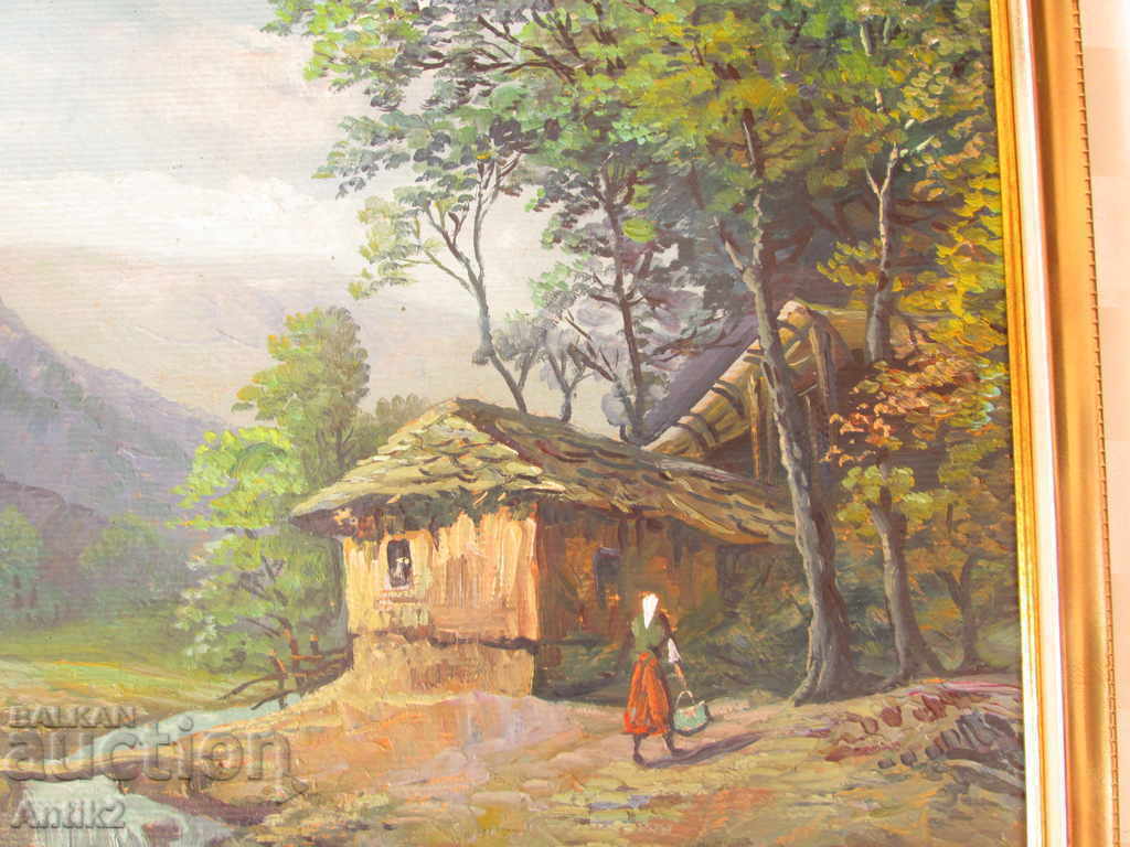Old painting, Viktor Popov rural landscape, oil paints, cardboard with price 273.00 BGN | € 139.58