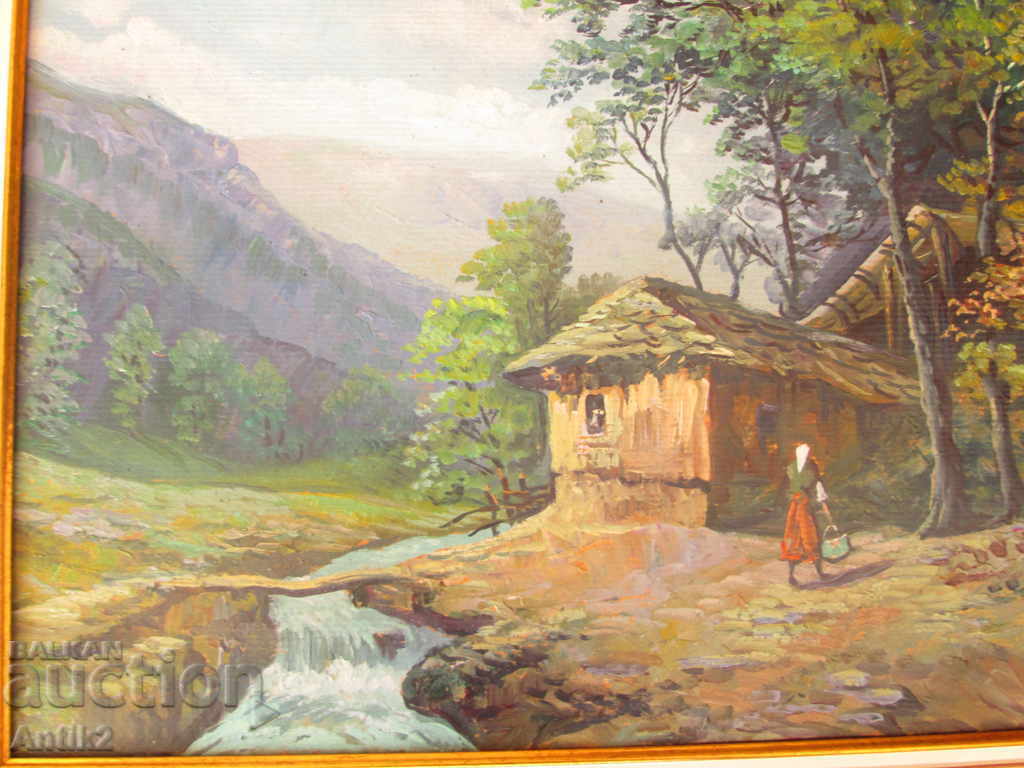 Auction  Old painting, Viktor Popov rural landscape, oil paints, cardboard