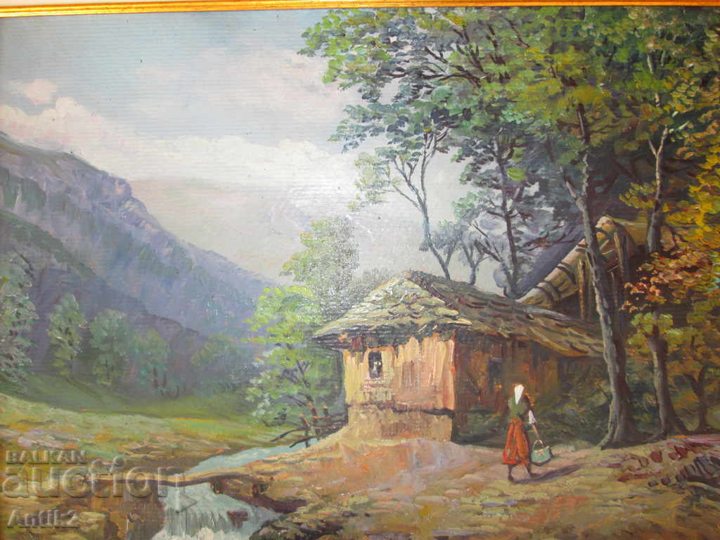 Old painting, Viktor Popov rural landscape, oil paints, cardboard - 7