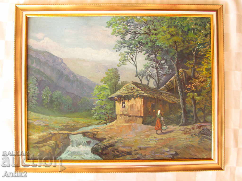 Pictură veche, peisaj rural Viktor Popov, vopsele în ulei, carton
