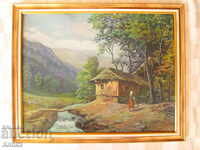 Old painting, Viktor Popov rural landscape, oil paints, cardboard