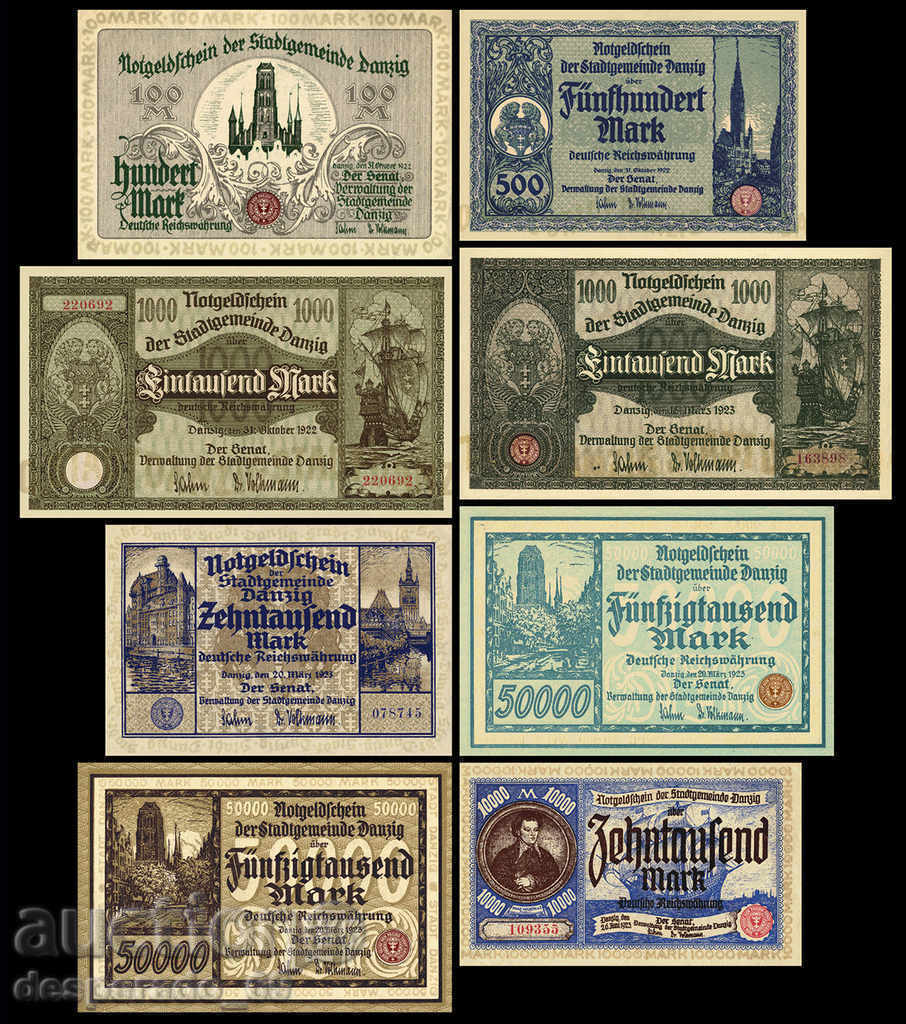 (¯`'•.¸(reproduction) DANZIG set of banknotes 1922-23 UNC •'´¯)