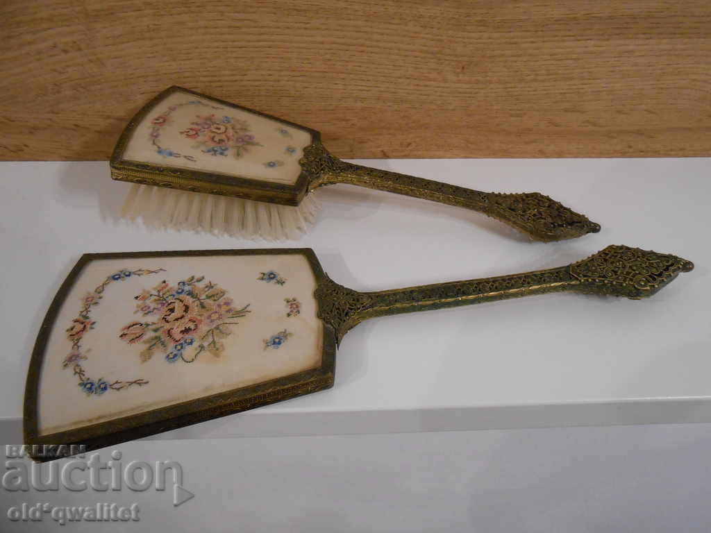 Antique brush with mirror, filigree workmanship