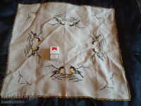 Table cover, square, size 78x74 cm./hand-embroidered linen with sparrows/.
