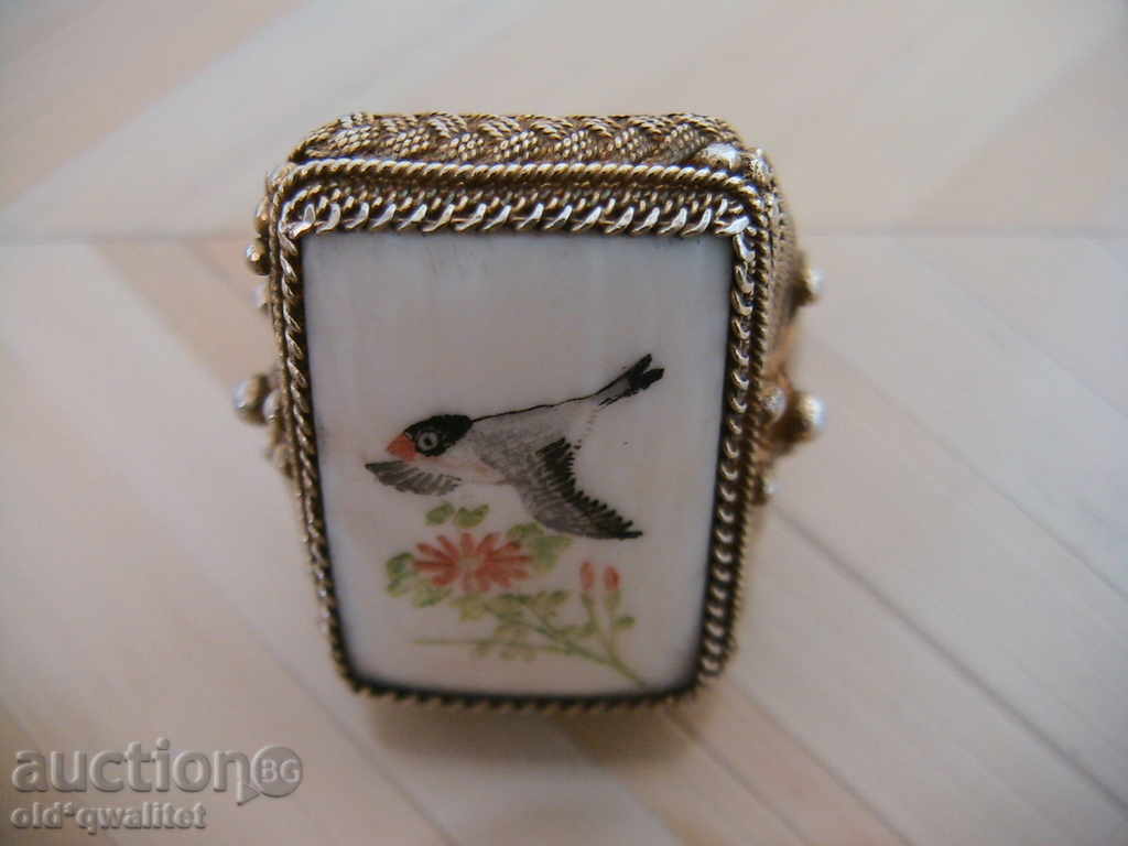 OLIVE SILVER RING WITH DRAWING IN BONE, OZE - 5 OLIVE SILVER RING WITH DRAWING IN BONE, OZE - 5