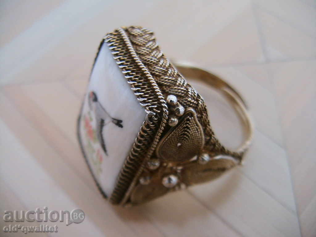 OLIVE SILVER RING WITH DRAWING IN BONE, OZE - 6 OLIVE SILVER RING WITH DRAWING IN BONE, OZE - 6