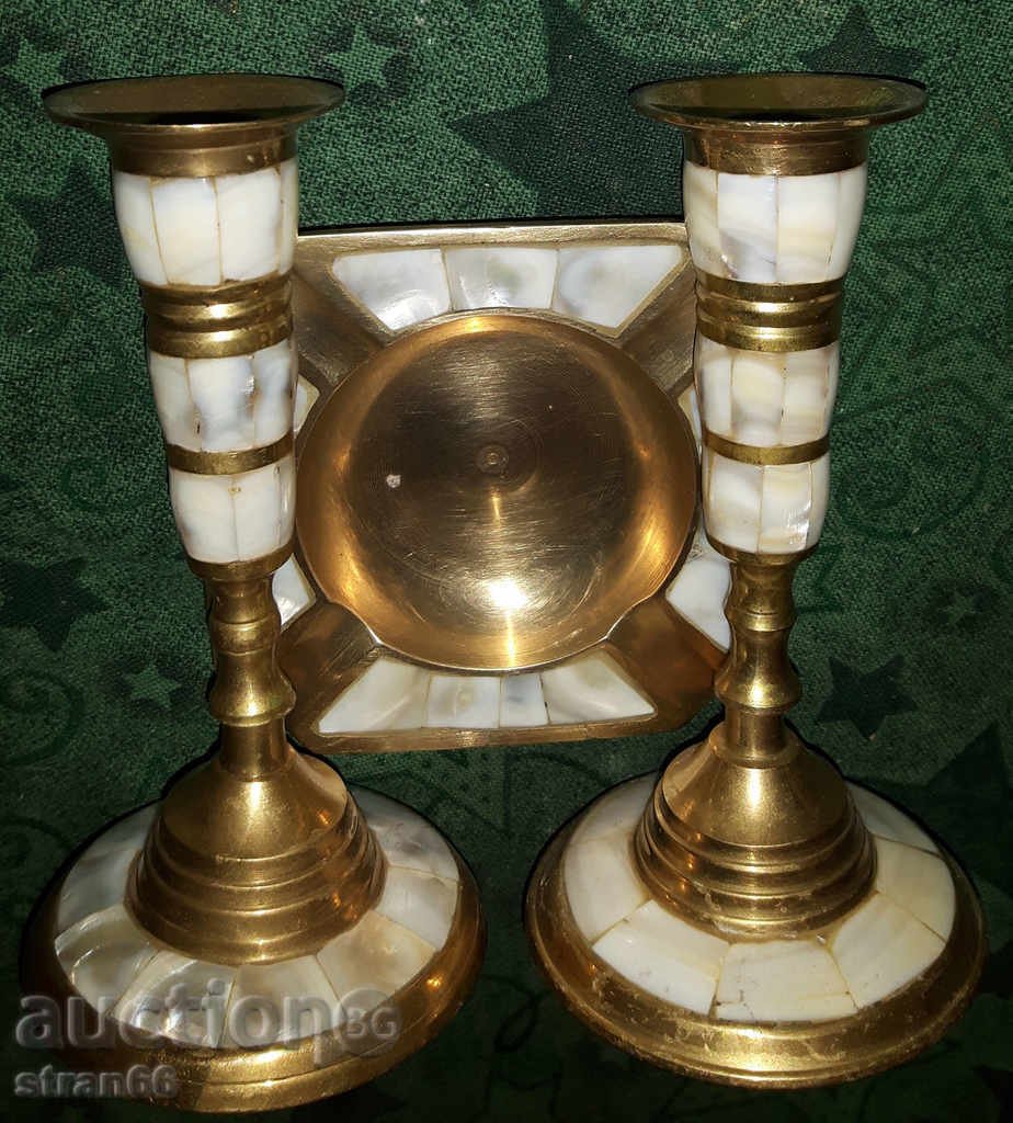 Candlesticks and Ashtray - Solid Brass with Mother of Pearl! LOT - 3 pcs. with price 90.00 BGN | € 46.02 Candlesticks and Ashtray - Solid Brass with Mother of Pearl! LOT - 3 pcs. with price 90.00 BGN | € 46.02