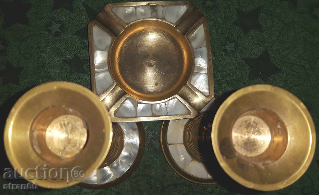 Auction Candlesticks and Ashtray - Solid Brass with Mother of Pearl! LOT - 3 pcs. Auction Candlesticks and Ashtray - Solid Brass with Mother of Pearl! LOT - 3 pcs.