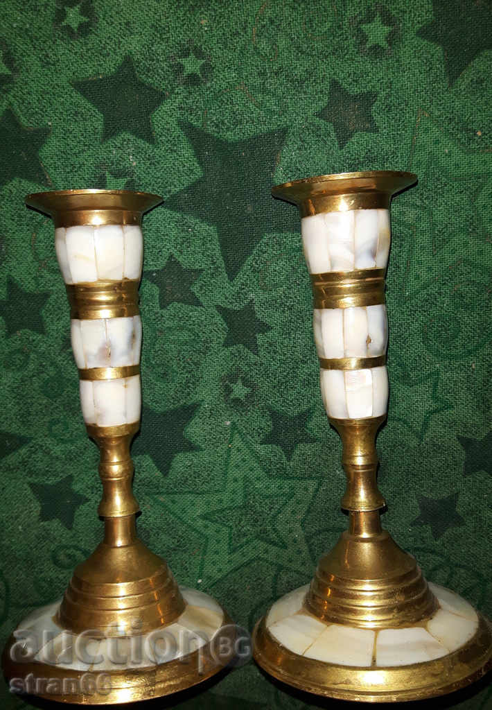 Delivery of Candlesticks and Ashtray - Solid Brass with Mother of Pearl! LOT - 3 pcs. Delivery of Candlesticks and Ashtray - Solid Brass with Mother of Pearl! LOT - 3 pcs.