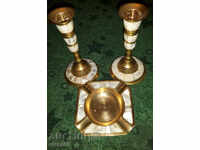 Candlesticks and Ashtray - Solid Brass with Mother of Pearl! LOT - 3 pcs.