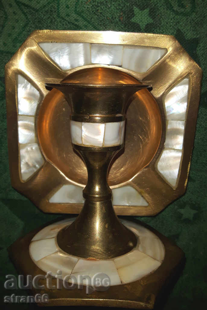 Candlestick and Ashtray - Massive Brass with Sedef! LOT - 2 pcs. with price 55.00 BGN | € 28.12
