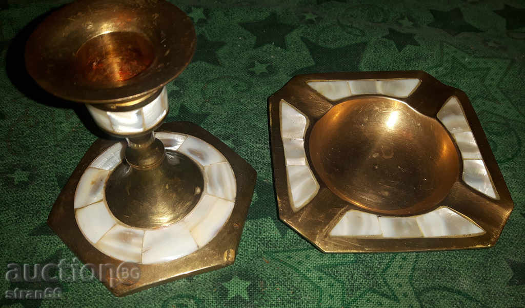 Candlestick and Ashtray - Massive Brass with Sedef! LOT - 2 pcs.