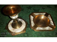 Candlestick and Ashtray - Massive Brass with Sedef! LOT - 2 pcs.