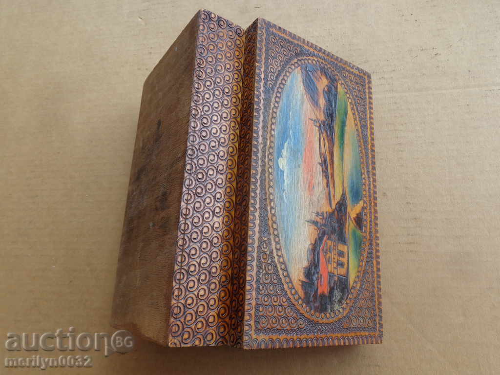 Auction Old pyrographic wooden box, wooden, 30s Auction Old pyrographic wooden box, wooden, 30s