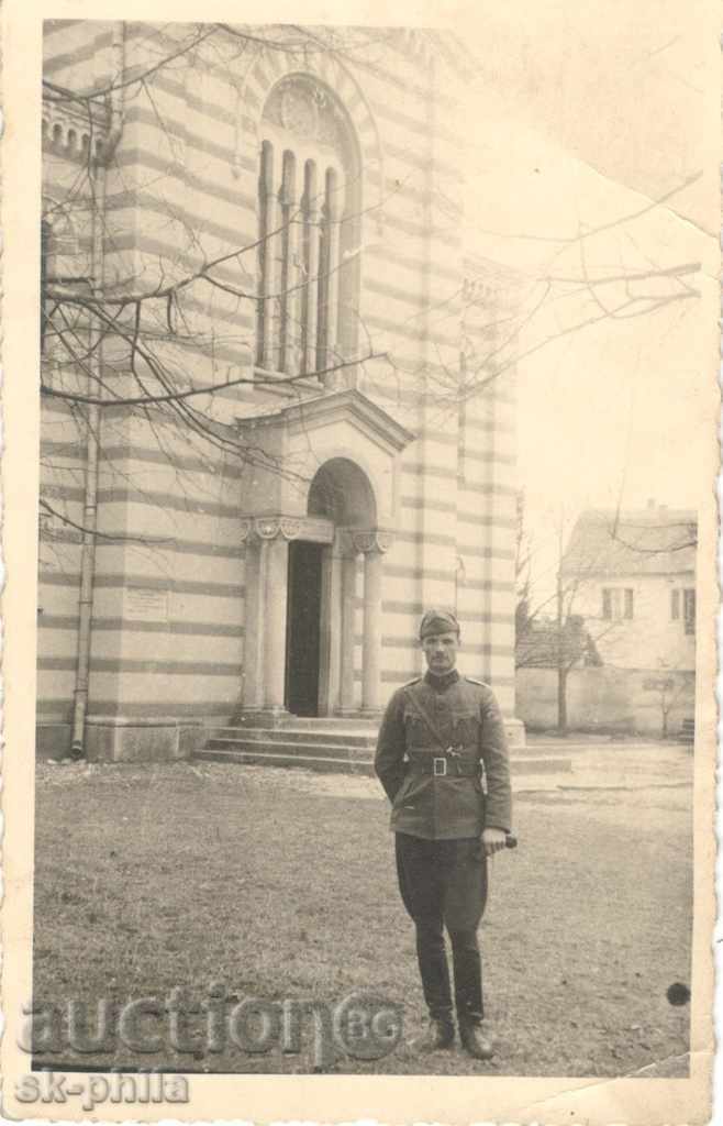 Old photo - Krusevac, soldier in front of a church