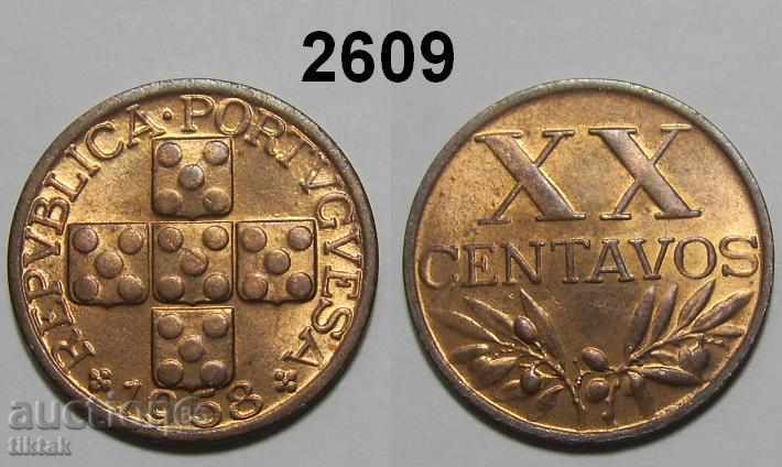 Португалия 20 центавос 1958 UNC страхотна монета