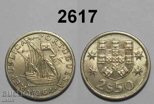 Португалия 2 ½ ескудо 1964 рядка отлична монета