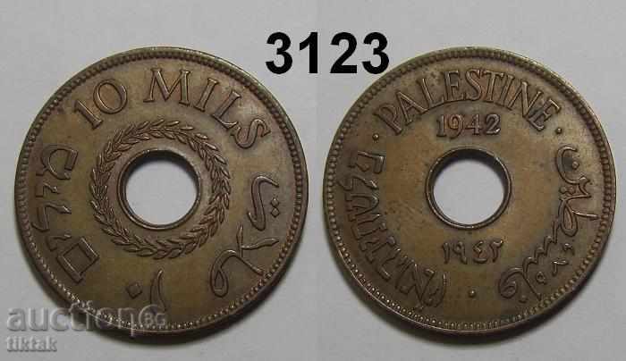 Палестина 10 милс 1942 страхотна AUNC монета