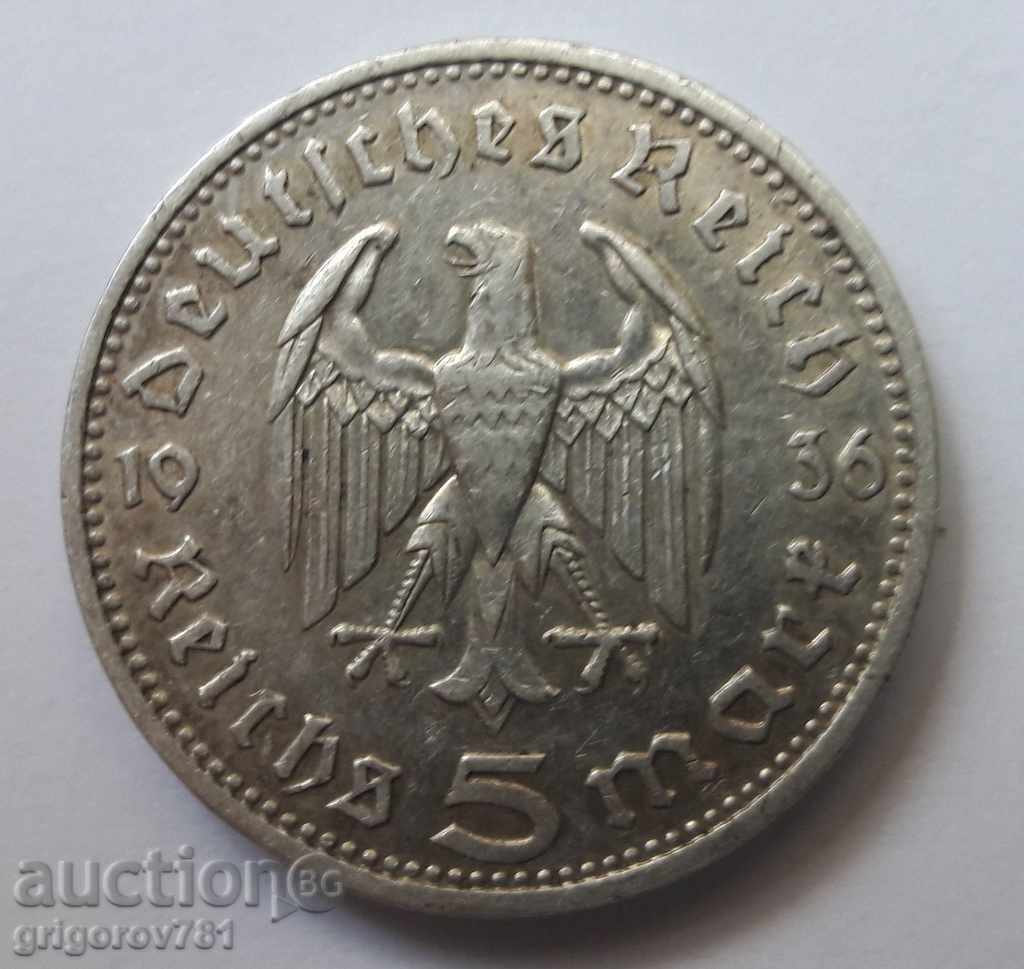 5 марки сребро Германия 1936 D III Райх  сребърна монета №31