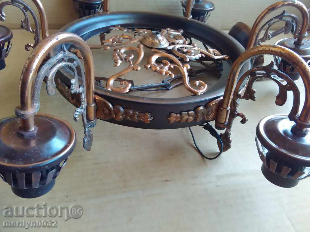 Auction  Old wrought iron chandelier, lamp, lantern, floor lamp, lampshade, 6 pieces