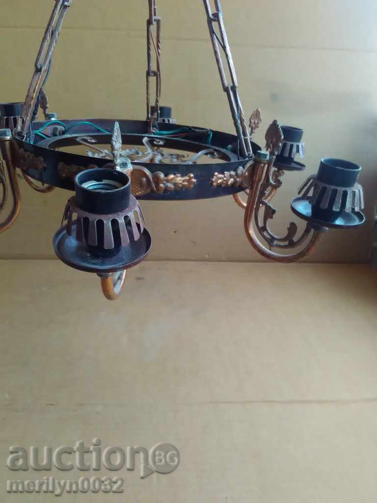Old wrought iron chandelier, lamp, lantern, floor lamp, lampshade, 6 pieces - 7