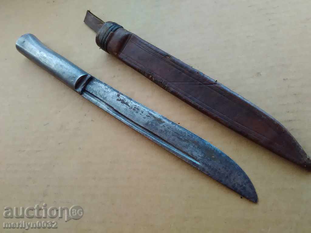 Old hand-forged butcher hunting knife with sheath dagger fist