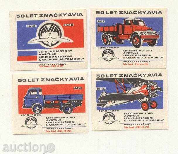 4 ετικέτες σπιρτόκουτο Αυτοκίνητα Αεροπλάνα Τσεχοσλοβακία Lot 16