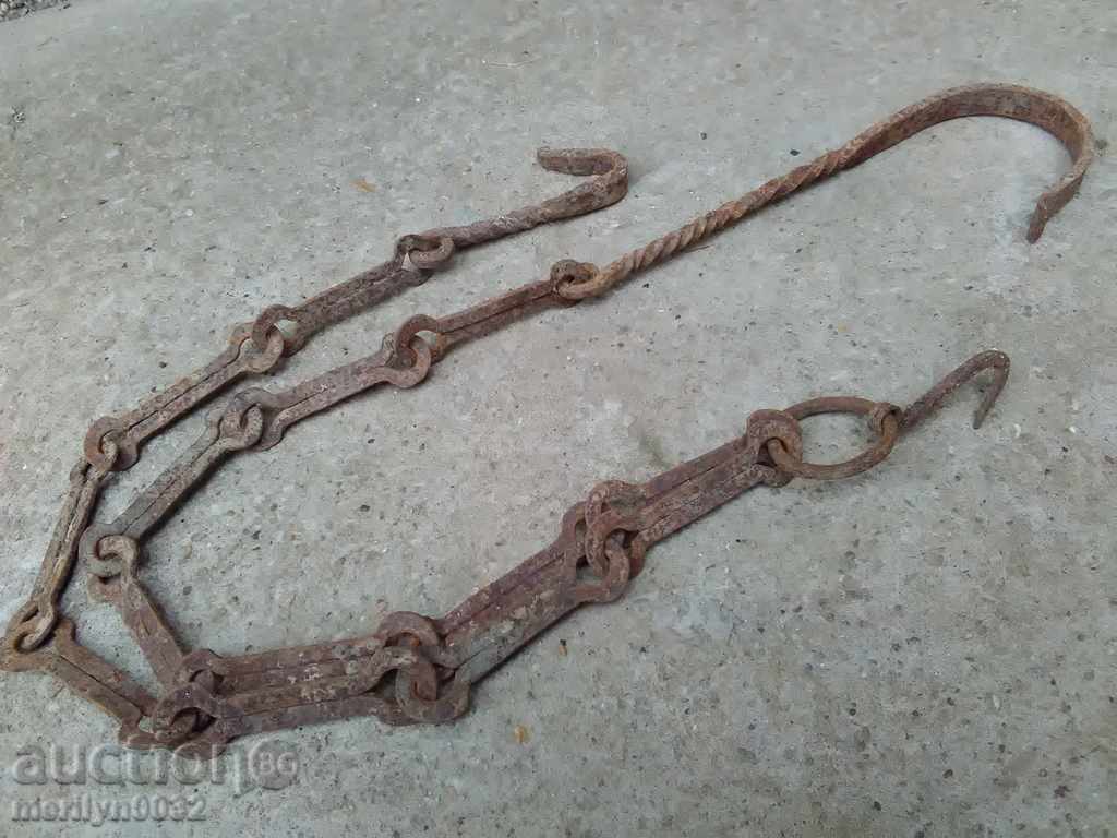 Παλιά αλυσίδα από σφυρήλατο σίδερο με γάντζο, αλυσίδα με γάντζο εστίας - 5