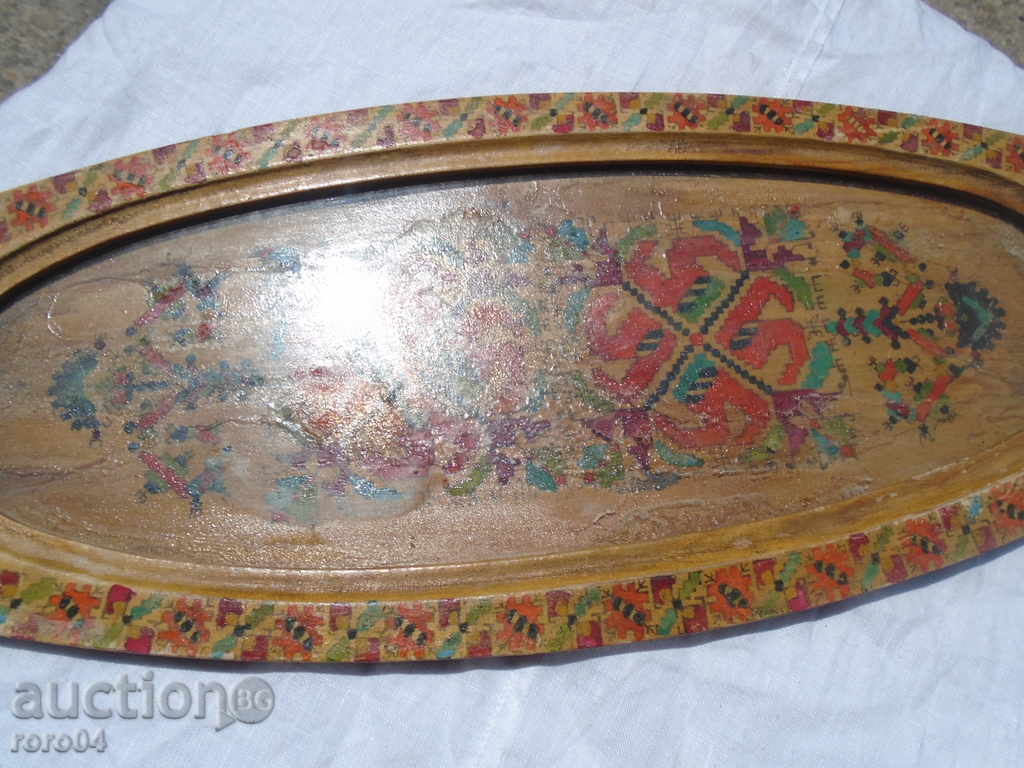 OLD WOODEN TRAY WITH GLASS, PYOGRAPHED - 5