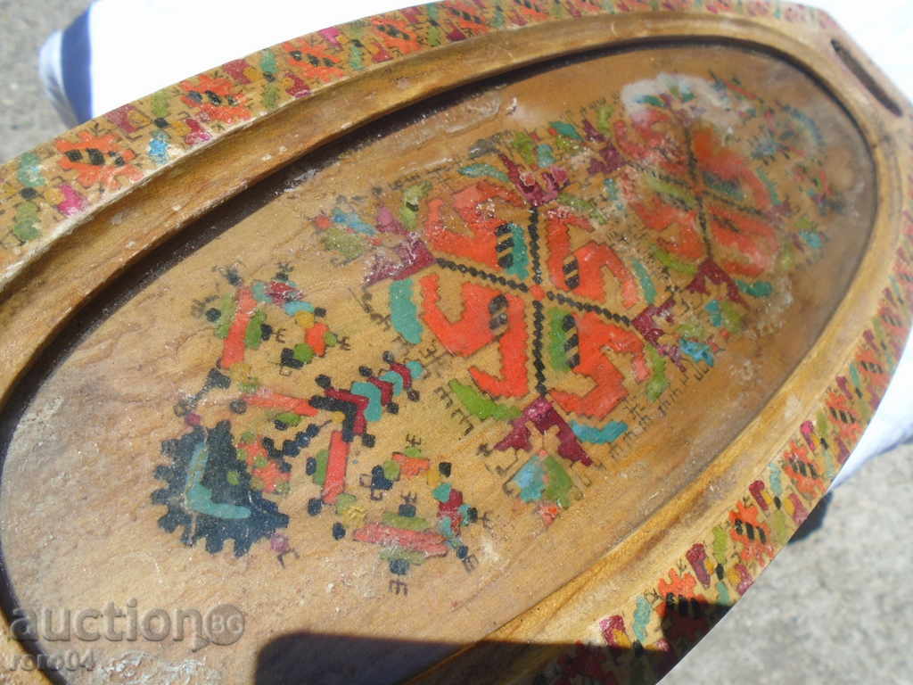 OLD WOODEN TRAY WITH GLASS, PYOGRAPHED - 7