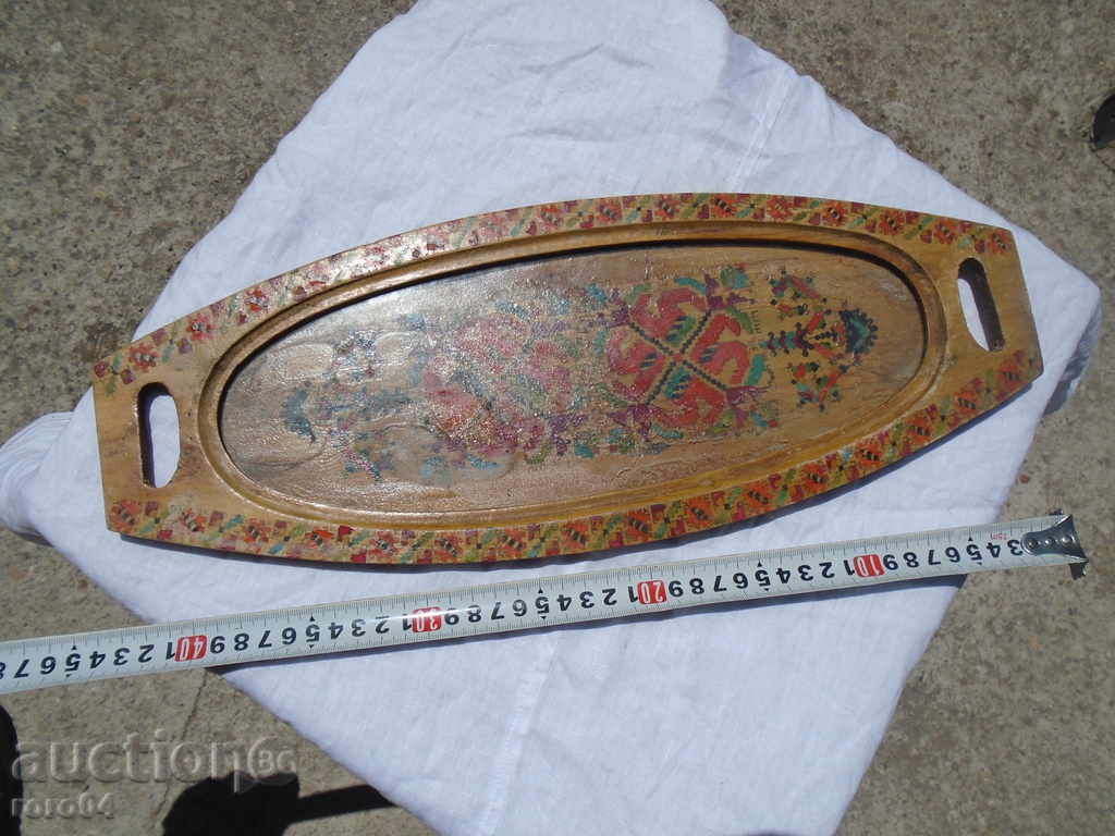 OLD WOODEN TRAY WITH GLASS, PYOGRAPHED