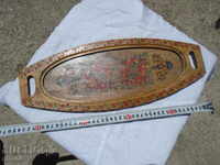OLD WOODEN TRAY WITH GLASS, PYOGRAPHED