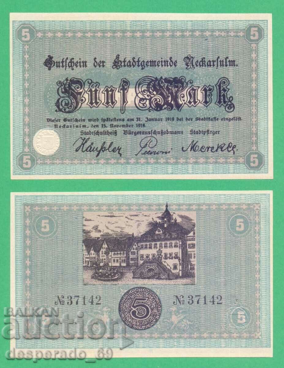 (¯`'•.¸ГЕРМАНИЯ (Neckarsulm) 5 марки 1918  UNC¸.•'´¯)