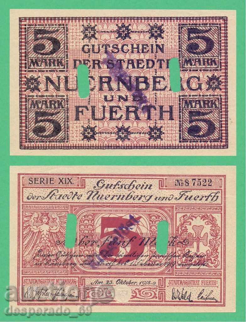(¯`'•.¸ГЕРМАНИЯ (Nuernberg,Fuerth) 5 марки 1918 UNC¸.•'´¯)