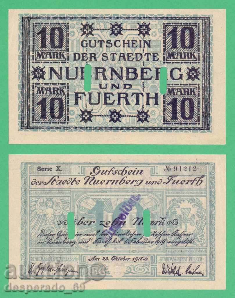 (¯`'•.¸ГЕРМАНИЯ (Nuernberg,Fuerth) 10 марки 1918 UNC¸.•'´¯)